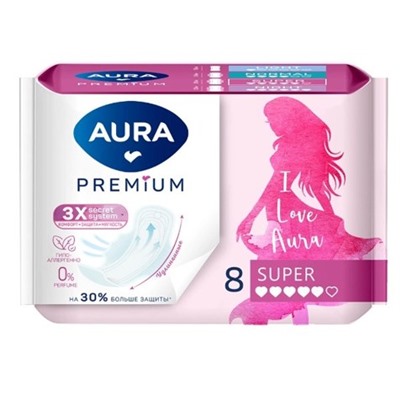 AURA Прокладки женские гигиенические Premium Super 8 шт
