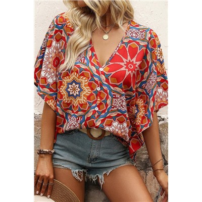 Red Floral Print Batwing Sleeve V Neck Blouse