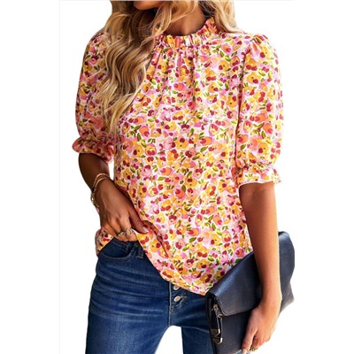 Orange Boho Floral Ruffle Short Sleeve Frill Mock Neck Blouse