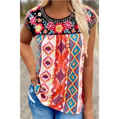 Multicolor Floral Aztec Geometric Cap Sleeve Top