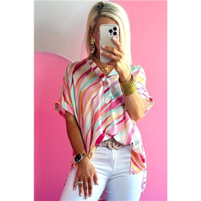 Multicolour Abstract Print High Low Short Sleeve Blouse
