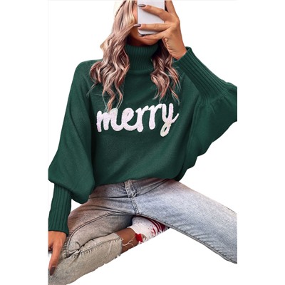Blackish Green Merry Letter Embroidered High Neck Sweater