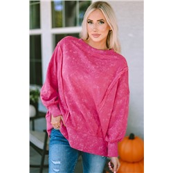 Rose Acid Wash Relaxed Fit Seamed Pullover Sweatshirt with Slits