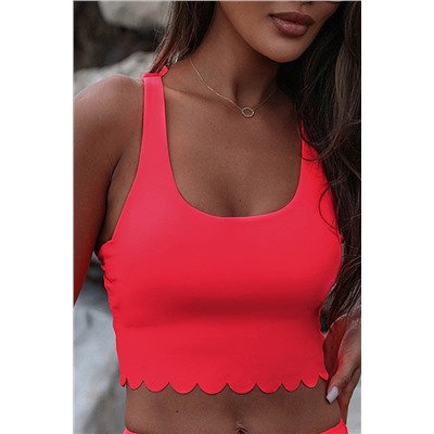 Fiery Red Scalloped Crossed Straps Cropped Bikini Top