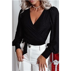 Black Glitter Wrap V Neck Tie Hem Puff Sleeve Blouse