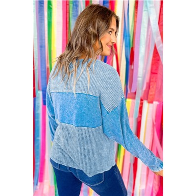 Sky Blue Plus Size Waffle Knit Patchwork Drop Shoulder Top