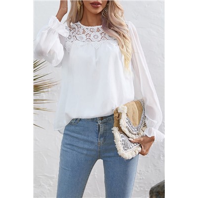 White Lace Patch Sheer Flounce Sleeve Blouse