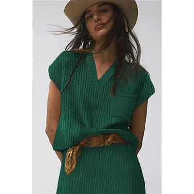 Blackish Green Chest Pocket V Neck Ribbed Cap Sleeve Sweater