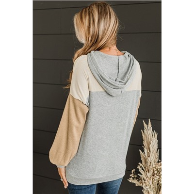 Gray Vintage Ribbed Knit Color Block Hoodie