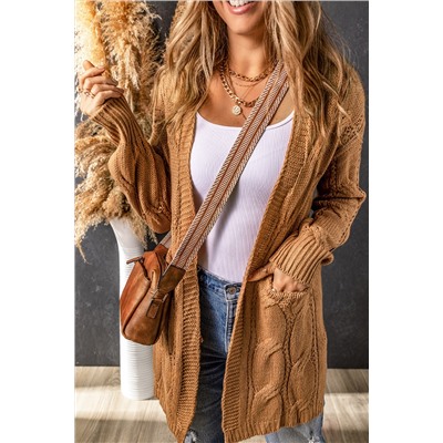 Khaki Ribbed Trim Eyelet Cable Knit Cardigan