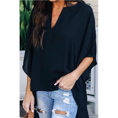 Черная блуза-туника со сборками по бокам и разновеликим подолом