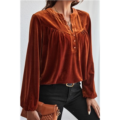 Gold Flame Lantern Sleeve Beaded Split V Neck Velvet Top