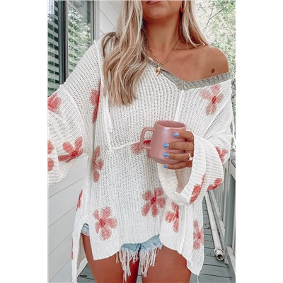 White Floral Print Lightweight Knit Hooded Sweater