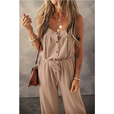 Pale Khaki Knotted Straps Button Textured Drawstring Jumpsuit