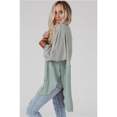 Grey Crinkle Splicing Raw Hem High Low Oversized Blouse