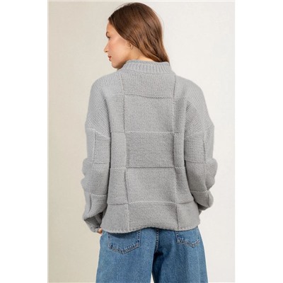 Gray Mock Neck Checkered Textured Sweater