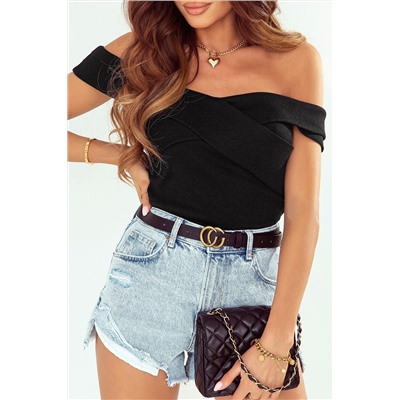 Black Ribbed Criss Cross Off Shoulder Top