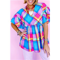 Sky Blue Colorful Plaid V Neck Ruffled Short Sleeve Babydoll Top