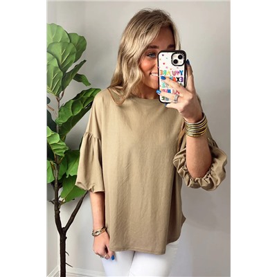 Light French Beige Solid Color Lantern Sleeve Drop Shoulder Blouse