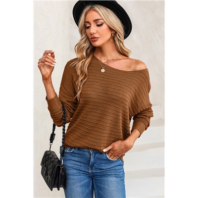 Brown Textured Knit Round Neck Dolman Sleeve Sweater