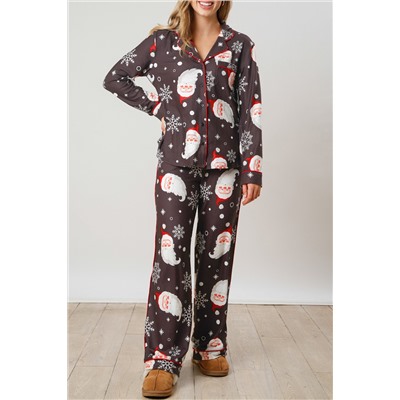 White Printed Christmas Santa Claus Print Shirt and Pants Pajama Set