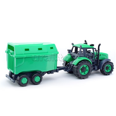 Трактор "Прогресс" с прицепом для перевозки животных инерционный (зелёный) (в лотке)
