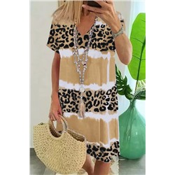 Бежевое леопардовое платье-футболка с V-образным вырезом