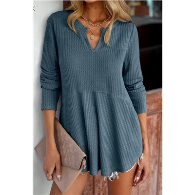 Real Teal Waffle Knit Notched Neck Long Sleeve Babydoll Blouse