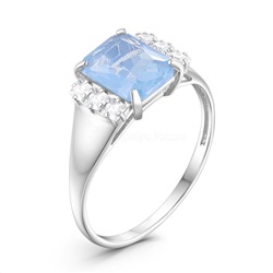 Кольцо из серебра с плавленым кварцем цвета лунный голубой и фианитами родированное 00423144РС
