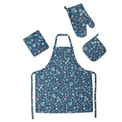 ТРД-2526-11806 Набор для кухни 4 предмета "NewYear" (фартук, рукавичка-прихватка, прихватка, декоративное полотенце), рогожка, 100% хлопок, "Шишки синий"