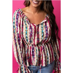 Multicolour Western Aztec Split Neck Peplum Blouse