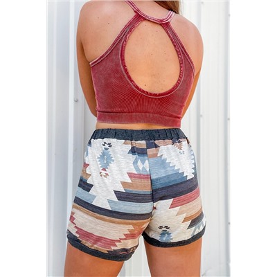 White Aztec Print Drawstring Waist Casual Shorts