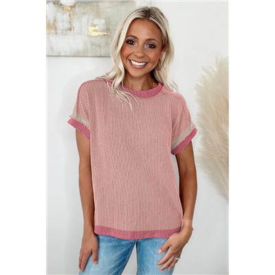 Light Pink Textured Contrast Trim Round Neck T Shirt