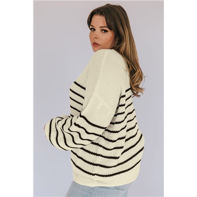 Khaki Plus Size Striped Drop Shoulder Puff Sleeve Sweater