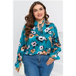 Sky Blue Floral Print V Neck Plus Size Blouse