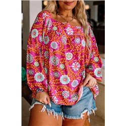 Pink Plus Size Square Neck Floral Blouse