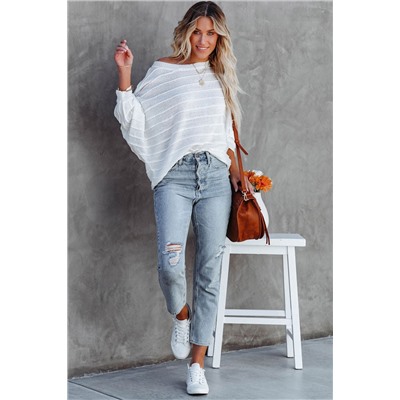 White 3/4 Dolman Sleeve Rib Knitted Sweater