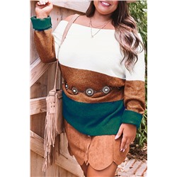 Brown Plus Size Ribbed Trim Color Block Sweater