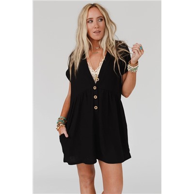 Black V Neck Buttons Loose Cuffed Short Sleeve Romper