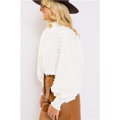 White Textured Smocked Mock Neck Puff Sleeve Top