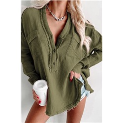 Green Crinkle Long Sleeve Distressed Split Henley Top