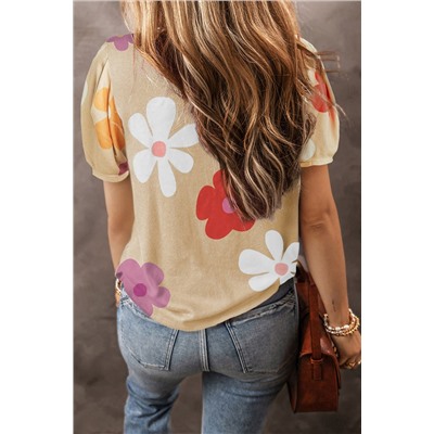 Apricot Flower Print Bubble Sleeve Tee