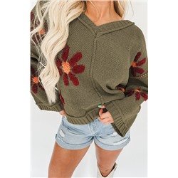 Sage Green Flower Knit Ribbed Trim V Neck Sweater