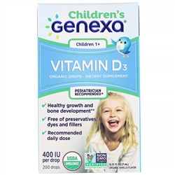 Genexa, Детский витамин D3, для детей возраста 1+, органический ванильный ароматизатор, 400 МЕ, 7 мл (0.23 жидк. унции)