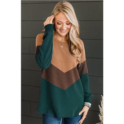 Blackish Green Color Block Corded Texture Long Sleeve Top