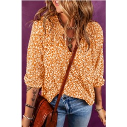 Russet Orange Floral Print Smocked Tie Neck Blouse