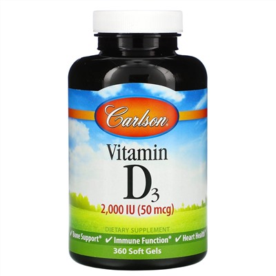 Carlson Labs, витамин D3, 2000 МЕ (50 мкг), 360 мягких таблеток