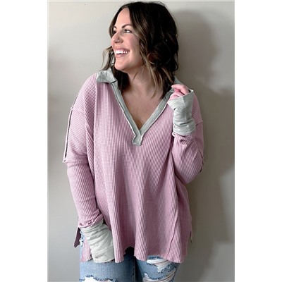 Pink Plus Size Exposed Seam Waffle Knit Top