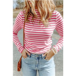 Strawberry Pink Striped Print Textured Knit Long Sleeve Tee