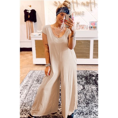 Light French Beige Cap Sleeve Round Neck Curvy Wide Leg Jumpsuit